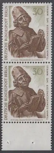 BERLIN 1967 Michel-Nummer 305 postfrisch vert.PAAR RAND unten - Berliner Kunstschätze: Evangelist Markus, Detail des Münnerstädter Altars