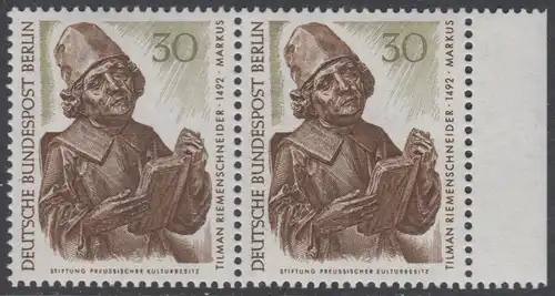 BERLIN 1967 Michel-Nummer 305 postfrisch horiz.PAAR RAND rechts - Berliner Kunstschätze: Evangelist Markus, Detail des Münnerstädter Altars