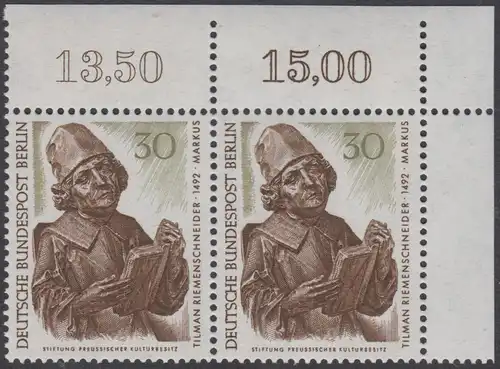 BERLIN 1967 Michel-Nummer 305 postfrisch horiz.PAAR ECKRAND oben rechts - Berliner Kunstschätze: Evangelist Markus, Detail des Münnerstädter Altars