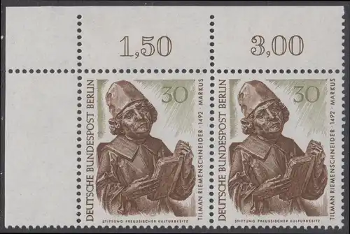 BERLIN 1967 Michel-Nummer 305 postfrisch horiz.PAAR ECKRAND oben links - Berliner Kunstschätze: Evangelist Markus, Detail des Münnerstädter Altars