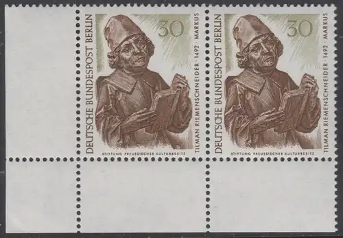 BERLIN 1967 Michel-Nummer 305 postfrisch horiz.PAAR ECKRAND unten links - Berliner Kunstschätze: Evangelist Markus, Detail des Münnerstädter Altars