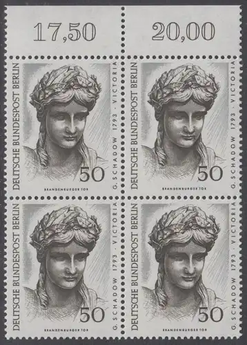BERLIN 1967 Michel-Nummer 306 postfrisch BLOCK RÄNDER oben (a04) - Berliner Kunstschätze: Kopf der Victoria, Detail der Quadriga auf dem Brandenburger Tor