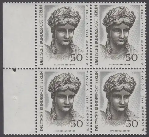 BERLIN 1967 Michel-Nummer 306 postfrisch BLOCK RÄNDER links - Berliner Kunstschätze: Kopf der Victoria, Detail der Quadriga auf dem Brandenburger Tor