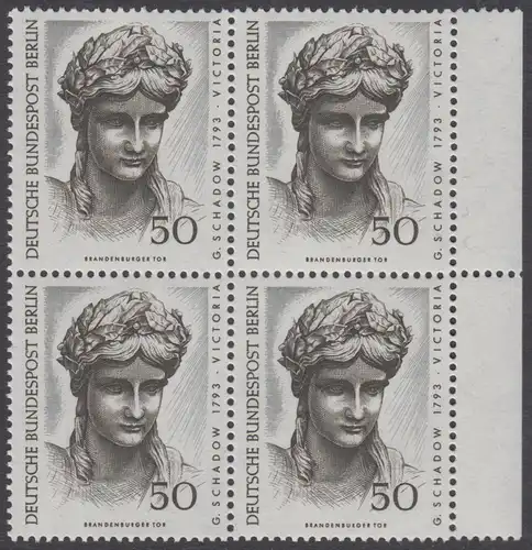 BERLIN 1967 Michel-Nummer 306 postfrisch BLOCK RÄNDER rechts - Berliner Kunstschätze: Kopf der Victoria, Detail der Quadriga auf dem Brandenburger Tor