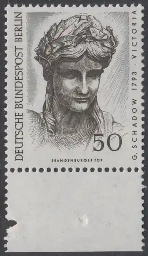 BERLIN 1967 Michel-Nummer 306 postfrisch EINZELMARKE RAND unten - Berliner Kunstschätze: Kopf der Victoria, Detail der Quadriga auf dem Brandenburger Tor