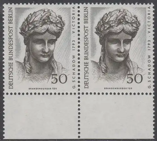 BERLIN 1967 Michel-Nummer 306 postfrisch horiz.PAAR RÄNDER unten - Berliner Kunstschätze: Kopf der Victoria, Detail der Quadriga auf dem Brandenburger Tor