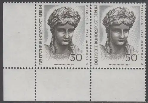 BERLIN 1967 Michel-Nummer 306 postfrisch horiz.PAAR ECKRAND unten links - Berliner Kunstschätze: Kopf der Victoria, Detail der Quadriga auf dem Brandenburger Tor