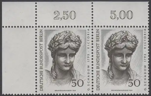 BERLIN 1967 Michel-Nummer 306 postfrisch horiz.PAAR ECKRAND oben links - Berliner Kunstschätze: Kopf der Victoria, Detail der Quadriga auf dem Brandenburger Tor