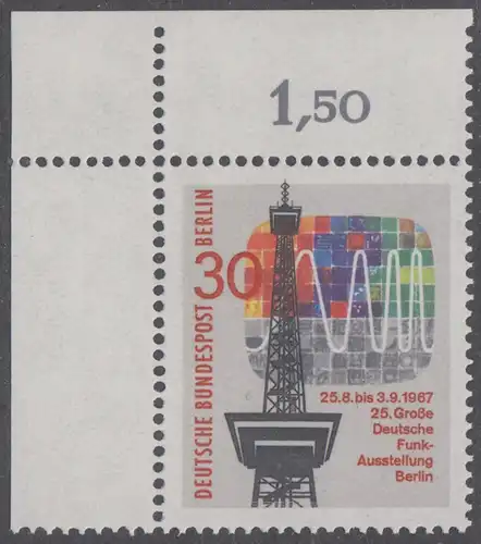 BERLIN 1967 Michel-Nummer 309 postfrisch EINZELMARKE ECKRAND oben links - Große Deutsche Funkausstellung, Berlin
