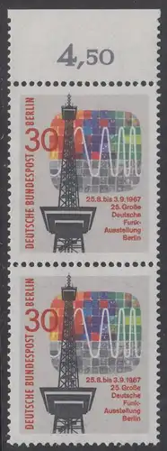 BERLIN 1967 Michel-Nummer 309 postfrisch vert.PAAR RAND oben (b) - Große Deutsche Funkausstellung, Berlin