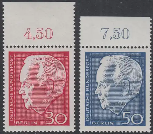 BERLIN 1967 Michel-Nummer 314-315 postfrisch SATZ(2) EINZELMARKEN RÄNDER oben (b) - Wiederwahl des Bundespräsidenten Heinrich Lübke
