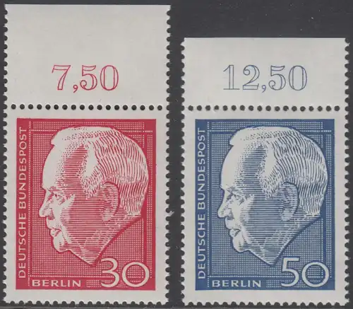 BERLIN 1967 Michel-Nummer 314-315 postfrisch SATZ(2) EINZELMARKEN RÄNDER oben (d) - Wiederwahl des Bundespräsidenten Heinrich Lübke