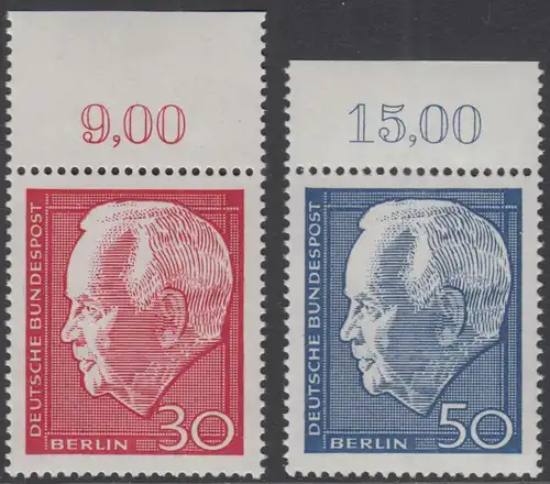 BERLIN 1967 Michel-Nummer 314-315 postfrisch SATZ(2) EINZELMARKEN RÄNDER oben (a) - Wiederwahl des Bundespräsidenten Heinrich Lübke