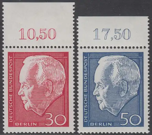 BERLIN 1967 Michel-Nummer 314-315 postfrisch SATZ(2) EINZELMARKEN RÄNDER oben (f) - Wiederwahl des Bundespräsidenten Heinrich Lübke