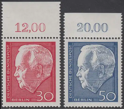 BERLIN 1967 Michel-Nummer 314-315 postfrisch SATZ(2) EINZELMARKEN RÄNDER oben (g) - Wiederwahl des Bundespräsidenten Heinrich Lübke