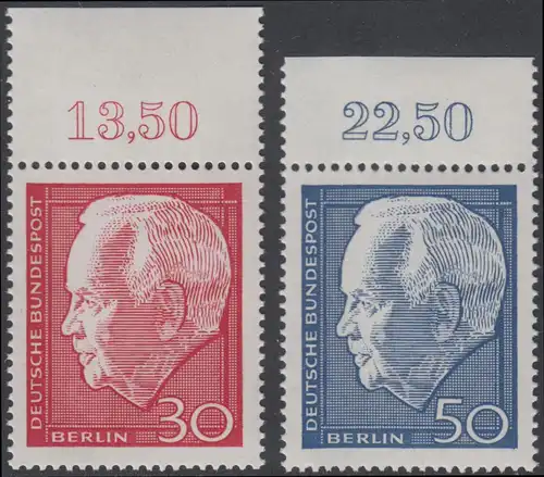 BERLIN 1967 Michel-Nummer 314-315 postfrisch SATZ(2) EINZELMARKEN RÄNDER oben (k) - Wiederwahl des Bundespräsidenten Heinrich Lübke