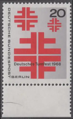 BERLIN 1968 Michel-Nummer 321 postfrisch EINZELMARKE RAND unten - Deutsches Turnfest, Berlin