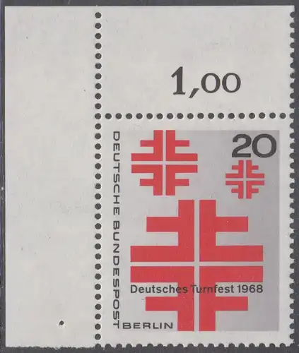 BERLIN 1968 Michel-Nummer 321 postfrisch EINZELMARKE ECKRAND oben links - Deutsches Turnfest, Berlin