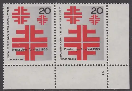 BERLIN 1968 Michel-Nummer 321 postfrisch horiz.PAAR ECKRAND unten rechts m/ Formnummer - Deutsches Turnfest, Berlin