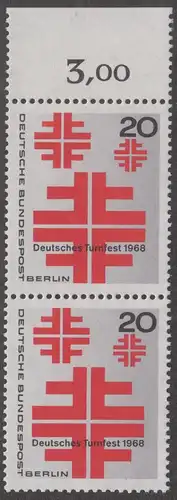 BERLIN 1968 Michel-Nummer 321 postfrisch vert.PAAR RAND oben (b) - Deutsches Turnfest, Berlin