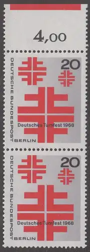 BERLIN 1968 Michel-Nummer 321 postfrisch vert.PAAR RAND oben (c) - Deutsches Turnfest, Berlin