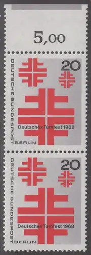 BERLIN 1968 Michel-Nummer 321 postfrisch vert.PAAR RAND oben (d) - Deutsches Turnfest, Berlin