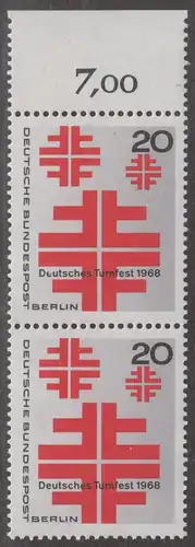 BERLIN 1968 Michel-Nummer 321 postfrisch vert.PAAR RAND oben (f) - Deutsches Turnfest, Berlin