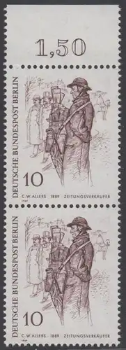 BERLIN 1969 Michel-Nummer 331 postfrisch vert.PAAR RAND oben - Berliner des 19. Jahrhunderts: Zeitungsverkäufer