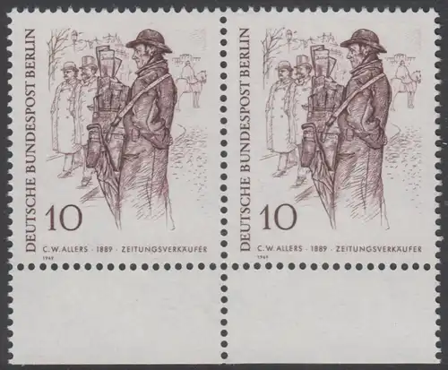 BERLIN 1969 Michel-Nummer 331 postfrisch horiz.PAAR RÄNDER unten - Berliner des 19. Jahrhunderts: Zeitungsverkäufer