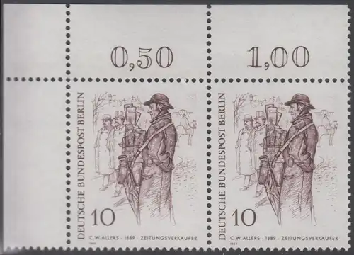 BERLIN 1969 Michel-Nummer 331 postfrisch horiz.PAAR ECKRAND oben links - Berliner des 19. Jahrhunderts: Zeitungsverkäufer