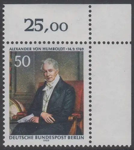 BERLIN 1969 Michel-Nummer 346 postfrisch EINZELMARKE ECKRAND oben rechts - Alexander Freiherr von Humboldt, Naturforscher und Gelehrter
