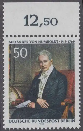 BERLIN 1969 Michel-Nummer 346 postfrisch EINZELMARKE RAND oben (d) - Alexander Freiherr von Humboldt, Naturforscher und Gelehrter