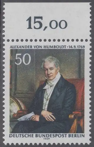 BERLIN 1969 Michel-Nummer 346 postfrisch EINZELMARKE RAND oben (e) - Alexander Freiherr von Humboldt, Naturforscher und Gelehrter