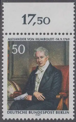 BERLIN 1969 Michel-Nummer 346 postfrisch EINZELMARKE RAND oben (f) - Alexander Freiherr von Humboldt, Naturforscher und Gelehrter