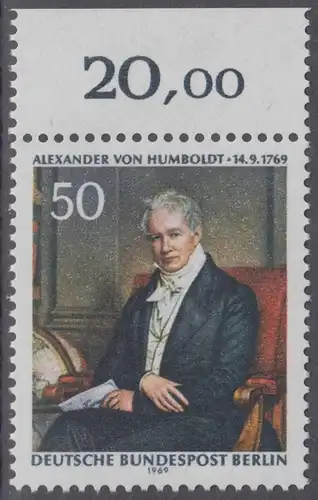 BERLIN 1969 Michel-Nummer 346 postfrisch EINZELMARKE RAND oben (g) - Alexander Freiherr von Humboldt, Naturforscher und Gelehrter