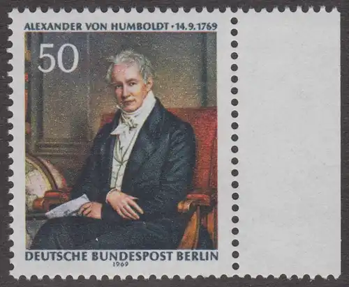 BERLIN 1969 Michel-Nummer 346 postfrisch EINZELMARKE RAND rechts - Alexander Freiherr von Humboldt, Naturforscher und Gelehrter