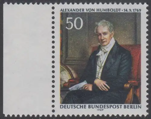 BERLIN 1969 Michel-Nummer 346 postfrisch EINZELMARKE RAND links - Alexander Freiherr von Humboldt, Naturforscher und Gelehrter