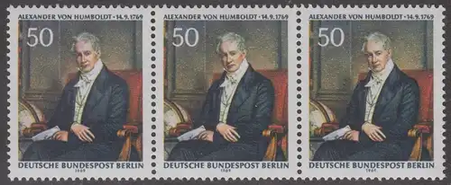 BERLIN 1969 Michel-Nummer 346 postfrisch horiz.STRIP(3) - Alexander Freiherr von Humboldt, Naturforscher und Gelehrter