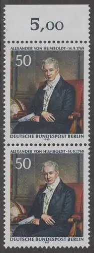 BERLIN 1969 Michel-Nummer 346 postfrisch vert.PAAR RAND oben (a) - Alexander Freiherr von Humboldt, Naturforscher und Gelehrter