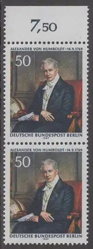 BERLIN 1969 Michel-Nummer 346 postfrisch vert.PAAR RAND oben (b) - Alexander Freiherr von Humboldt, Naturforscher und Gelehrter