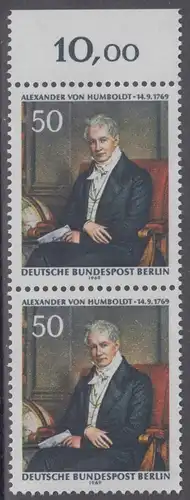 BERLIN 1969 Michel-Nummer 346 postfrisch vert.PAAR RAND oben (c) - Alexander Freiherr von Humboldt, Naturforscher und Gelehrter