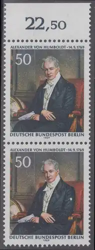 BERLIN 1969 Michel-Nummer 346 postfrisch vert.PAAR RAND oben (k) - Alexander Freiherr von Humboldt, Naturforscher und Gelehrter