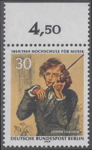 BERLIN 1969 Michel-Nummer 347 postfrisch EINZELMARKE RAND oben (b) - Hochschule für Musik Berlin, Joseph Joachim, 1. Direktor der Schule