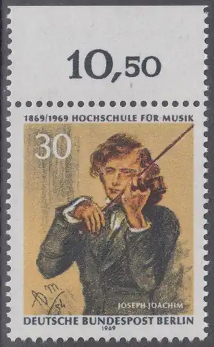 BERLIN 1969 Michel-Nummer 347 postfrisch EINZELMARKE RAND oben (f) - Hochschule für Musik Berlin, Joseph Joachim, 1. Direktor der Schule