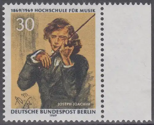 BERLIN 1969 Michel-Nummer 347 postfrisch EINZELMARKE RAND rechts - Hochschule für Musik Berlin, Joseph Joachim, 1. Direktor der Schule