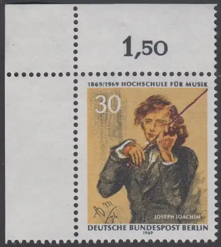 BERLIN 1969 Michel-Nummer 347 postfrisch EINZELMARKE ECKRAND oben links - Hochschule für Musik Berlin, Joseph Joachim, 1. Direktor der Schule