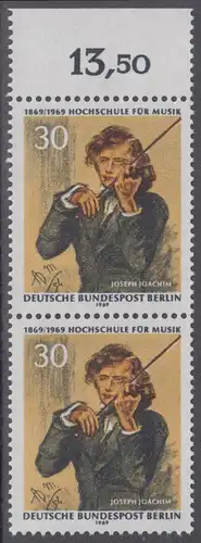 BERLIN 1969 Michel-Nummer 347 postfrisch vert.PAAR RAND oben (k) - Hochschule für Musik Berlin, Joseph Joachim, 1. Direktor der Schule