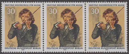 BERLIN 1969 Michel-Nummer 347 postfrisch horiz.STRIP(3) - Hochschule für Musik Berlin, Joseph Joachim, 1. Direktor der Schule