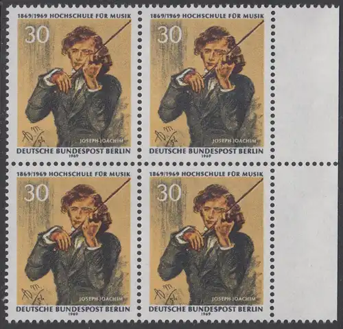 BERLIN 1969 Michel-Nummer 347 postfrisch BLOCK RÄNDER rechts - Hochschule für Musik Berlin, Joseph Joachim, 1. Direktor der Schule