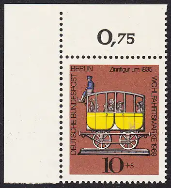 BERLIN 1969 Michel-Nummer 348 postfrisch EINZELMARKE ECKRAND oben links - Zinnfiguren: Postwagen